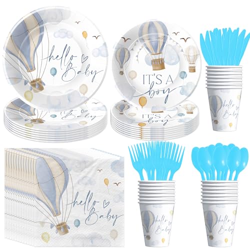 HIPVVILD Hot Air Balloon Baby Shower Decorations for Boy Tableware, Disposable Blue Hot Air Balloon Theme Adventure Awaits Baby Boy Table Decorations, Paper Plates, Cups, Napkins, Cutlery, Serves 24
