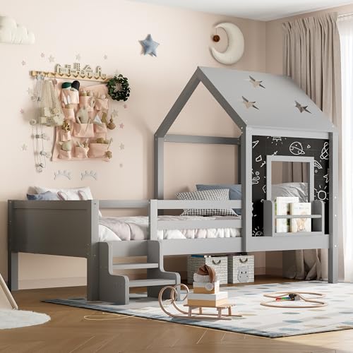 Harper & Bright Designs Twin Size House Bed Frame with Cute Star-Shape Roof and Window for Boys Girls Teens, Solid Wood House with Low-Profile Stairs and Bookcase, Blackboard Design, Gray