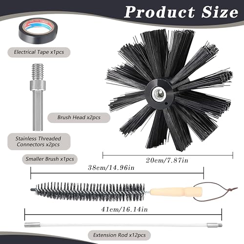 Chimney Sweep Kit Chimney Brush Chimney Cleaning Kit, 16FT Dryer Vent Cleaner Kit Duct Cleaning Tools, Dryer Vent Cleaning Kit Fireplace Chimney Brushes (12pcs Flexible Rods, 2pcs 7.87\'\' Brush Heads)