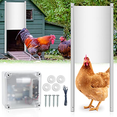 Ansobea Porte automatique pour poulailler - 22 x 32 cm - Porte de poulailler en aluminium avec capteur de lumière et minuterie manuelle - Avec 4 poulies pour un élevage sûr des poulets