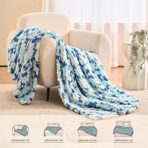 Image of L'AGRATY Chunky Knit Throw Blanket for Couch, 60 x 80 Inches, Blue White
