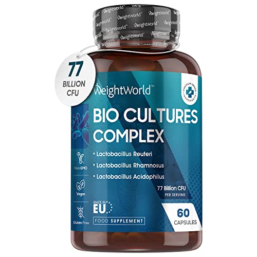 Bio Cultures Complex Probiotics and Prebiotics - 77 Billion CFU - 20 Live Bacterial Cultures - 60 Probiotic Complex Capsules for Women & Men - Lactobacillus Acidophilus, Gasseri, Rhamnosus & Reuteri