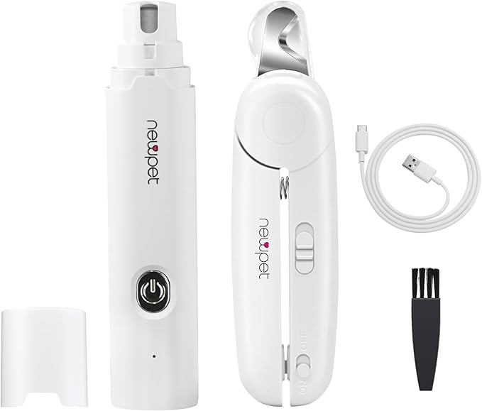 Kit NEWPET contendo lixa de unha elétrica, cortador de unha com LED, cabo USB e escova de limpeza.