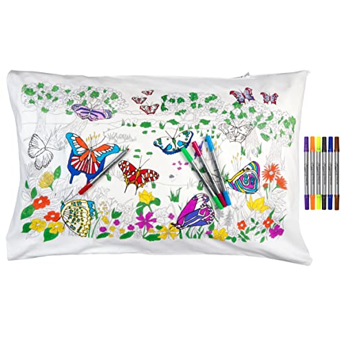 Eatsleepdoodle Coloring Pillowcase For Kids W/ 10Pk Washable Markers For Kids - 30X20In Butterfly Kids Coloring Pillowcase - Ultra Washable & Reusable Arts And Crafts For Kids #TOP2