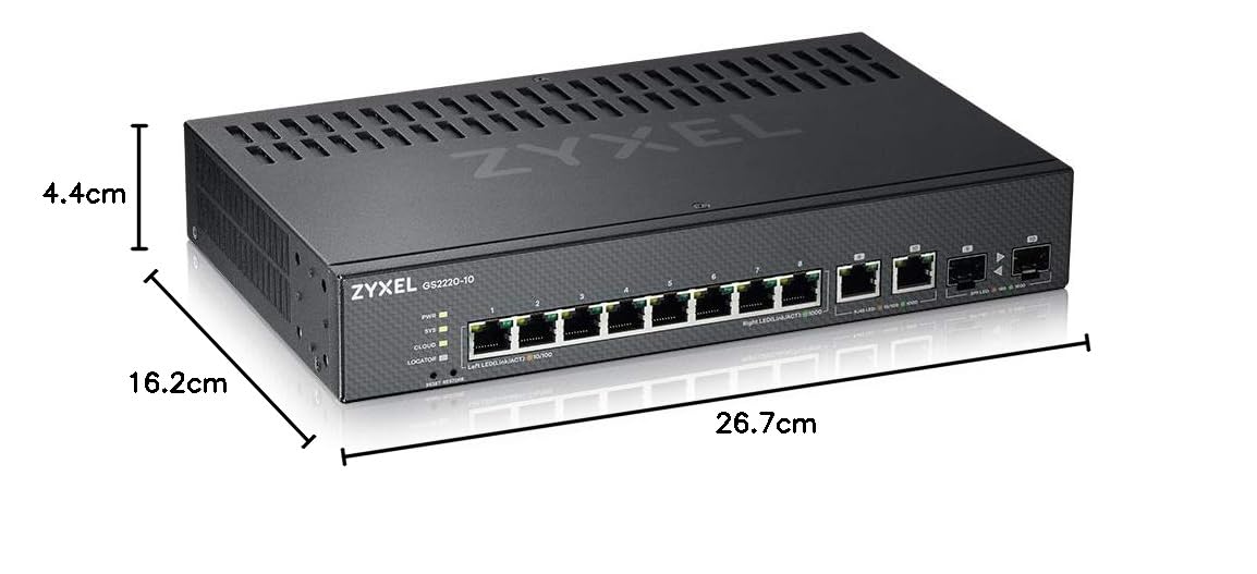 Zyxel Gigabit Ethernet Switch mit 8 Ports | Layer 2 Managed | Lüfterloses Design | 2x Gigabit Combo-Ports | Hybrid-Cloud-Modus [GS2220-10] | 8x GbE + 2x RJ-45/SFP Combo Ports, Lüfterlos, NebulaFlex, L2 Multicast, IGMP Snooping, MVR, Voice VLAN