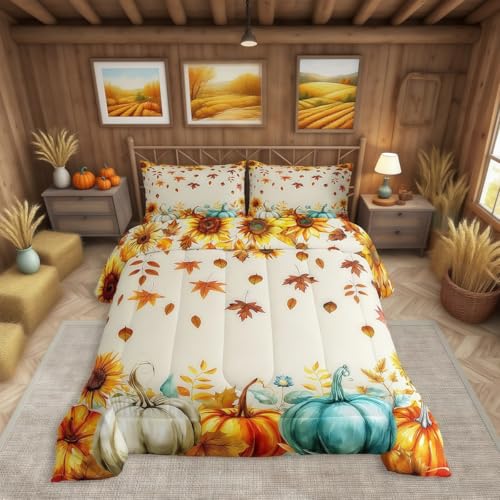 Fall Pumpkin Bedding Set For Home Full Thanksgiving Harvest Season Fruit Decor Comforter Set Autumn Fall Maple Leaf Quilt Comforter for Kids Teen Adults,Rustic Farm Sunflower Bed Sets 2 Pillow Cases