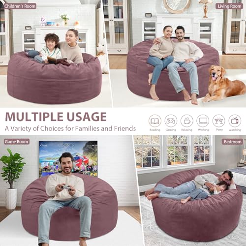 4FT Bean Bag Chair, Large Bean Bag Chairs with Memory Foam Filled, Fluffy Beanbag Sofa with Dutch Velvet Cover, Round BeanBag Chairs for Living Room, Playroom - Dusty Pink