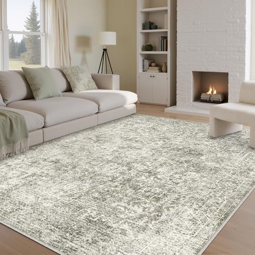 9x12 Area Rug Washable Vintage Neutral Living Room Carpet Large Indoor Non Slip Taupe Bedroom Distressed Low Pile Retro Accent Throw Rug for Dining Room