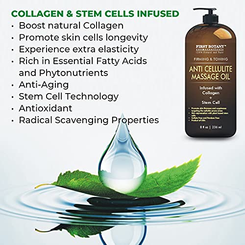 Anti Cellulite Massage Oil - Infused w/ Collagen & Stem Cell - 100% Natural Massage Lotion & Cellulite cream, Remover & Massager - Helps Skin Tightening & Stretch Mark treatment for Women & Men - 8 oz