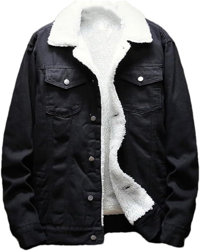 Mens Sherpa Lined Denim Jacket Long Sleeve Jean Cowboy Style Fleece Coat