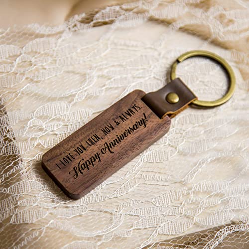 Muujee I Love You Then, Now & Always Happy Anniversary Keychain - Engraved Wooden Keychain Key Chain Anniv Gift Ideas #TOP4