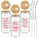 3 Pcs Teacher Appreciation Gifts for Women Teacher Gifts Can Shaped Glass Cups Reusable 20 oz Drinking Glass with Bamboo Lid and Glass Straw for Teacher Back To School Birthday Supplies, 3 Designs