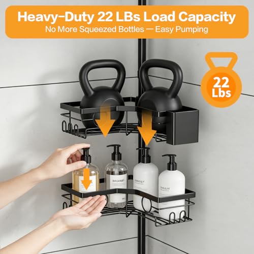 MayMeo Corner Shower Caddy Tension Pole, Rustproof 4-Tier Adjustable 22-120 Inch Bathroom Organizer with Towel Bar, Soap & Toothbrush Holders, Black by MayMeo - Used condition - Image 6