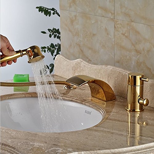 Robinet de baignoire cascade doré performant avec douchette 3 trous - 4