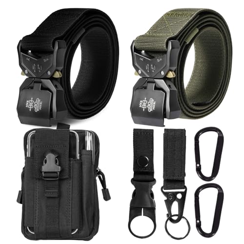 2 x Cinturon Tactico Hombre, Longitud 120cm Cinturón Resistente Ancho 3.8 cm, Cinturón Nylon Hebilla de Metal de Liberación Rápida, Regalo con Bolsa Táctica Molle y Gancho