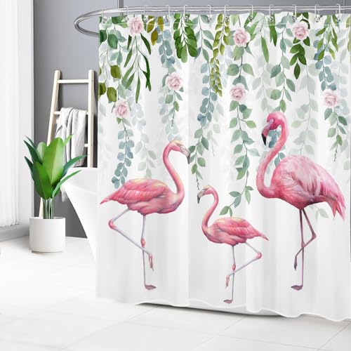 LB Pink Flamingo Shower Curtain Rose Flower in Green Leaf Shower Curtain Set with Hooks Tropical Bird Waterproof Washable Fabric Shower Curtains for Bathroom Decorative,72x72 inch by LB - Used condition - Image 3