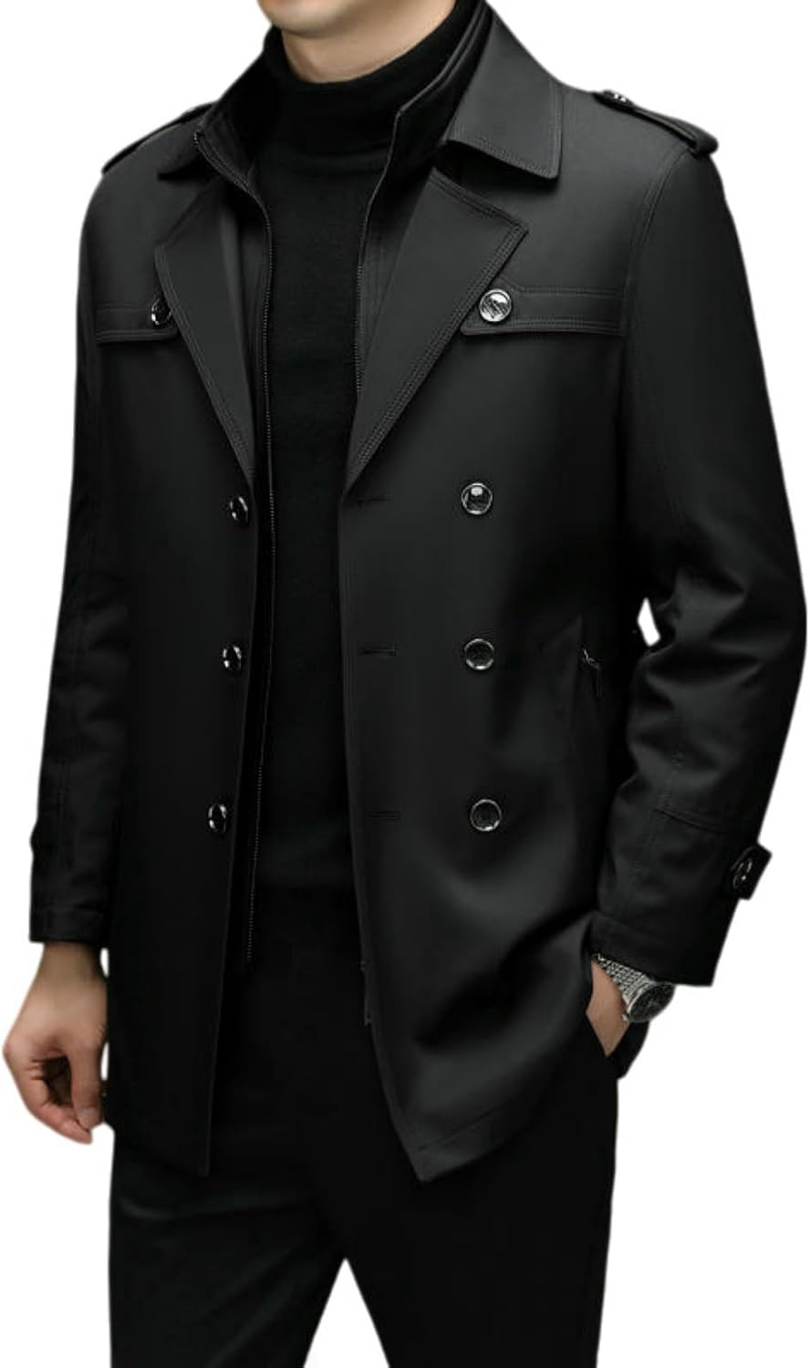 Men's Suit Lapel Double-Breasted Belt Detachable Liner Mid-Length Trench Jacket