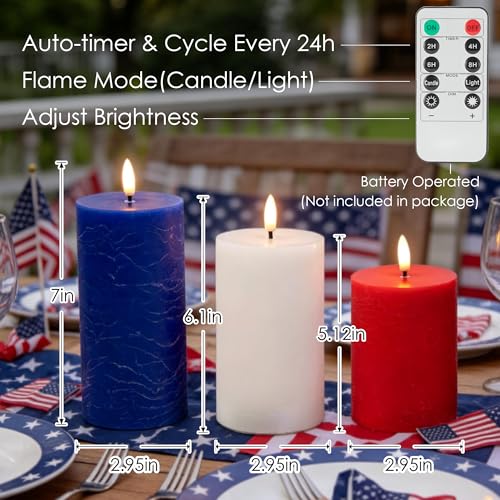 Image of LUSHARBOR Red White Blue Flameless Candles with Remote, 4th of July Battery Operated Candles, 3pcs LED Patriotic Candles for Home Party Centerpiece Holiday Decor