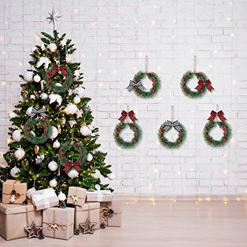 Whaline 8Pcs Mini Christmas Wreath With 8Pcs Mini Plaid Bows Christmas Pine Wreaths Black White Red Bow Christmas Hanging Ornaments For Christmas Tree Window Wall Door Holiday Festival Decoration #TOP3