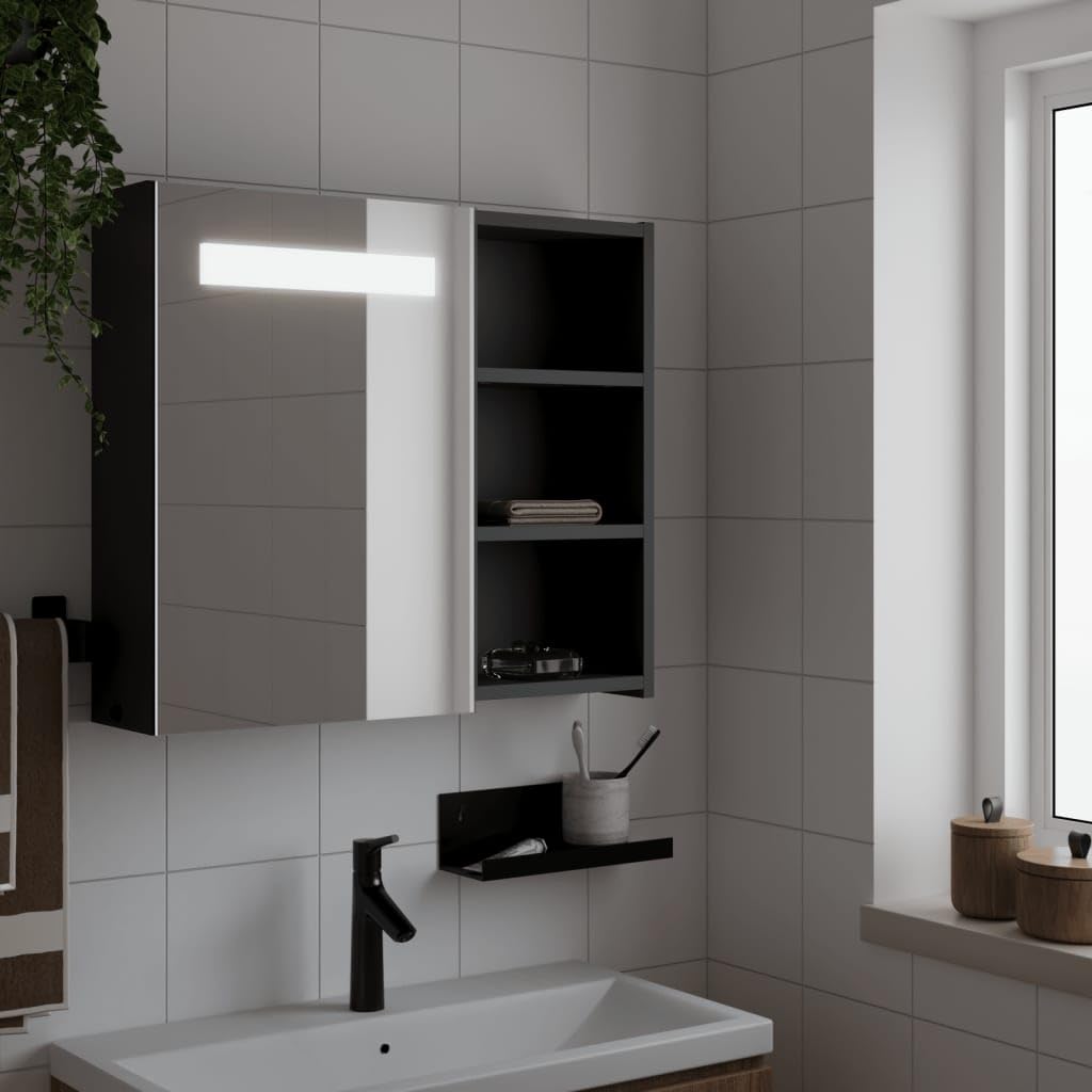 Szafka z lustrem LED, czarna, 60 x 13 x 52 cm, montaż na ścianie, szklane lustro i półki, przyłącze USB DC 5 V, do łazienki, miejsca do przechowywania i oświetlenia
