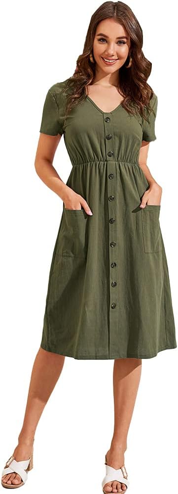 Women V-neck button waist pocket long skirt women's casual solid color short-sleeved dress (Army Green, L)