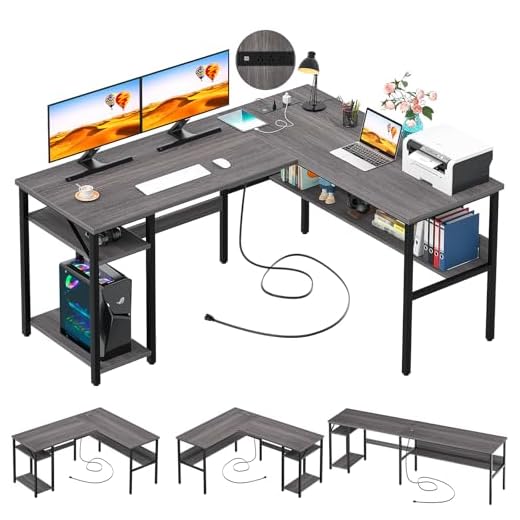 Unikito L Shaped Computer Desk with USB Charging Port and Power Outlet, Reversible L-Shaped Corner Desk with Storage Shelves, Industrial 2 Person Long Gaming Table Modern Home Office Desk, Black Oak
