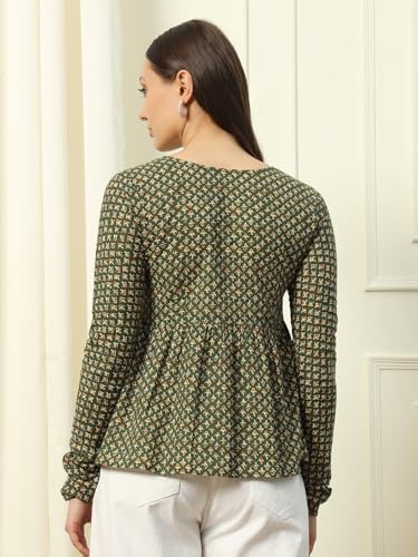 Image of FIORRA Women's Green Cotton Top with Lace Detail and Printed Pattern