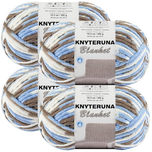 Image of #6 Super Bulky Blanket Yarn for Crocheting - 4 Skeins(Each 10.5oz /300g, 220yds /201m), Chunky Chenille Thick Plush Big Soft Yarn for Crocheting Knitting Blankets, Khaki & Blue & White