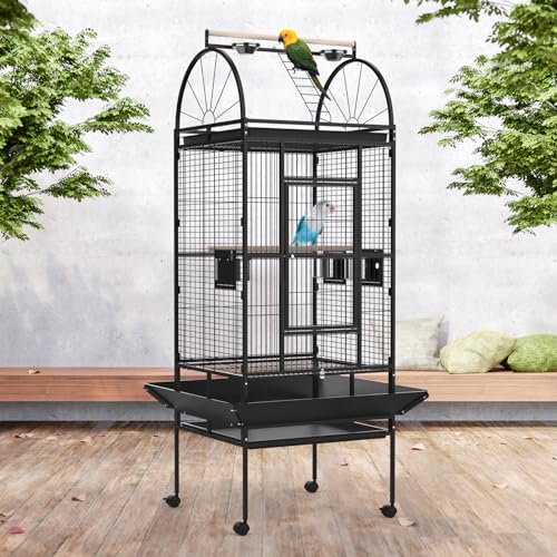 Rebonique 180cm Extra Large Bird Cage with Open Top & Rolling Stand Wheels, Metal Parrot Cages Aviary Flight Cage for Budgie, Cockatiel, Conure, Lovebird, Canary & Small Parrots - Black