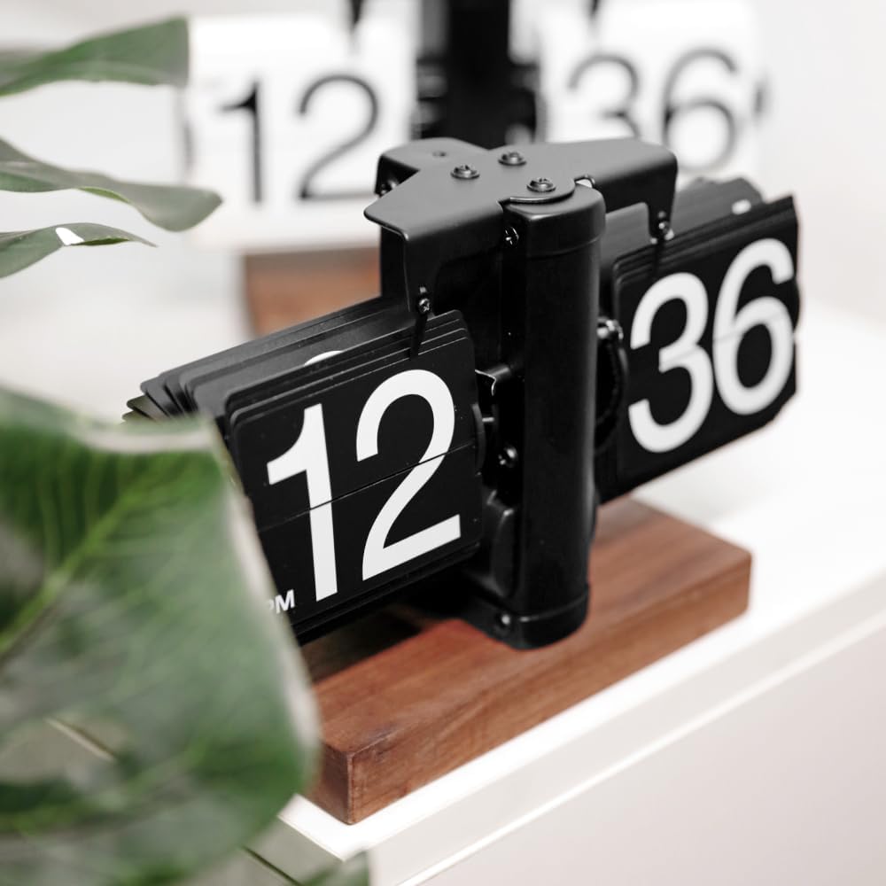 Flip Desk Clock (Wood Black), Retro Vintage Auto Down Table Clock, Large Number Mechanical Battery Powered Internal Operated Clocks for Home & Office Decor