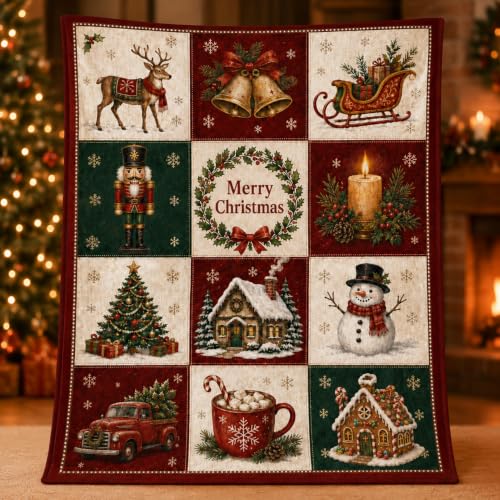 Bemaystar Christmas Blanket 50x60, Cozy Flannel Holiday Throw Blanket | 12-panel Christmas patchwork design with flannel, cozy double-sided comfort for Christmas decor, gifting and family moments
