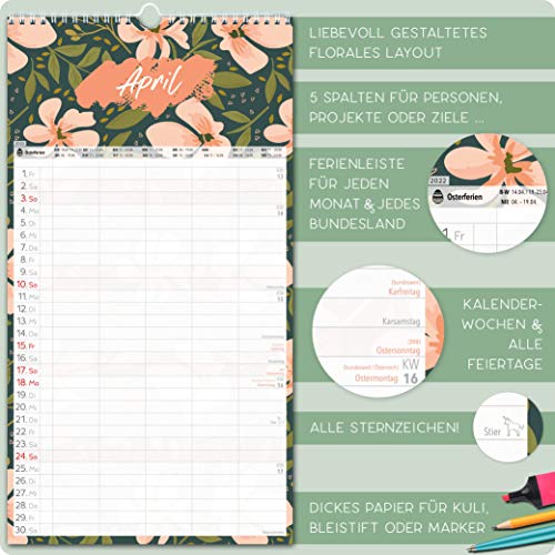 Familieplanner 2022, kalender 2022, wandkalender met 5 kolommen, bloemen, 23 x 43 cm, planner 2022, familiekalender 2022… - Image 4
