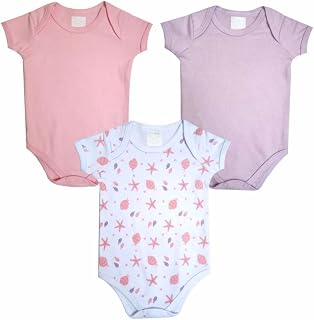 Kit Body Manga Curta Bebê Menina 3 Peças Malha Estampada e Liso Rosa Claro e Lilás 100% Algodão