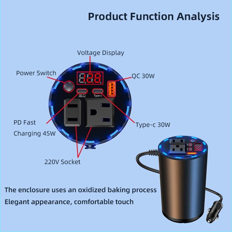 200W Car Power Inverter, Cup Holder 12V DC to 110V AC Car Plug Adapter Outlet Converter with AC Outlets and USB Ports, PD/QC Fast Charging, Power Inverter for Vehicles, Phone, Laptop, Road Trip