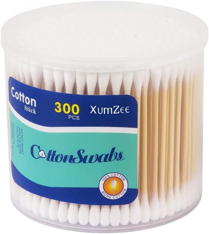 300ct Cotton Swabs with Strong Bamboo Sticks by Xumzee: 100% Pure Natural Cotton,Biodegradable, Chemical Free Cotton Buds