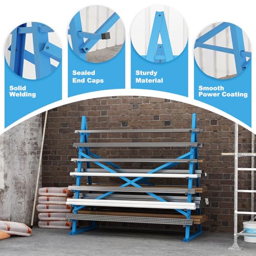 Yeeoy Steel Horizontal Storage Rack, 7 Tier Detachable Lumber Storage Rack, Heavy Duty Adjustable Pipe Rack Lumber Organizer Shelf for Garage Workshop Shed Basement, Blue