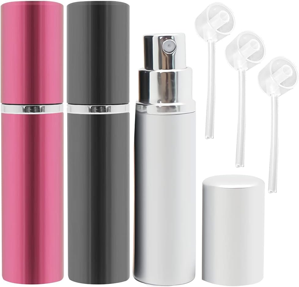 ZHIYE Perfume Atomiser Spray Bottle, 3 Pieces Refillable Refilling Travel Size Perfume Bottles in Pocket & Handbag Black & Pink & Silver (10ML 6 Piece Set)