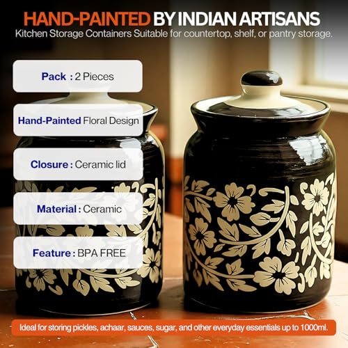 Image of Floral Black Ceramic Handglazed Pickle Jars Set of 2-1000 ML Each | 1 kg Achaar Martban Barni Jar with Lid | Ceramic Storage Jar Container Pickle /Achar, Chatney, Sugar