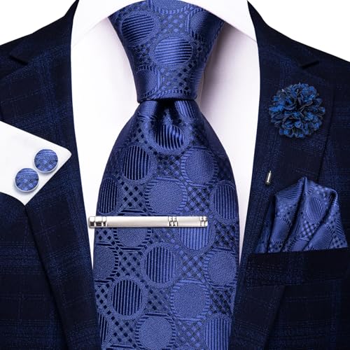 Image of Hi-Tie Royal Blue Checkered Ties for Men Silk Woven Necktie and Pocket Square Lapel Pin Silver Tie Clip Cufflinks Set Wedding Business 6PCS