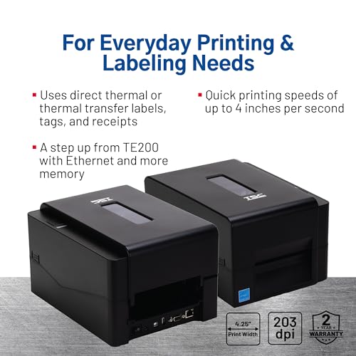 Image of TSC TE210 Desktop Thermal Label Printer for Postage, Shipping Tags, Receipts, Barcodes, Retail, Small Business, School, Home Office, and Stickers, USB, Ethernet, Serial, 4 Inch Width