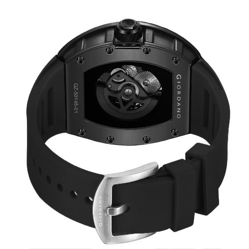 Image of Giordano Automatic Wrist Watch for Men - Open Skeleton Dial | Brushed Steel Case Mechanical Movement with Silicone Strap
