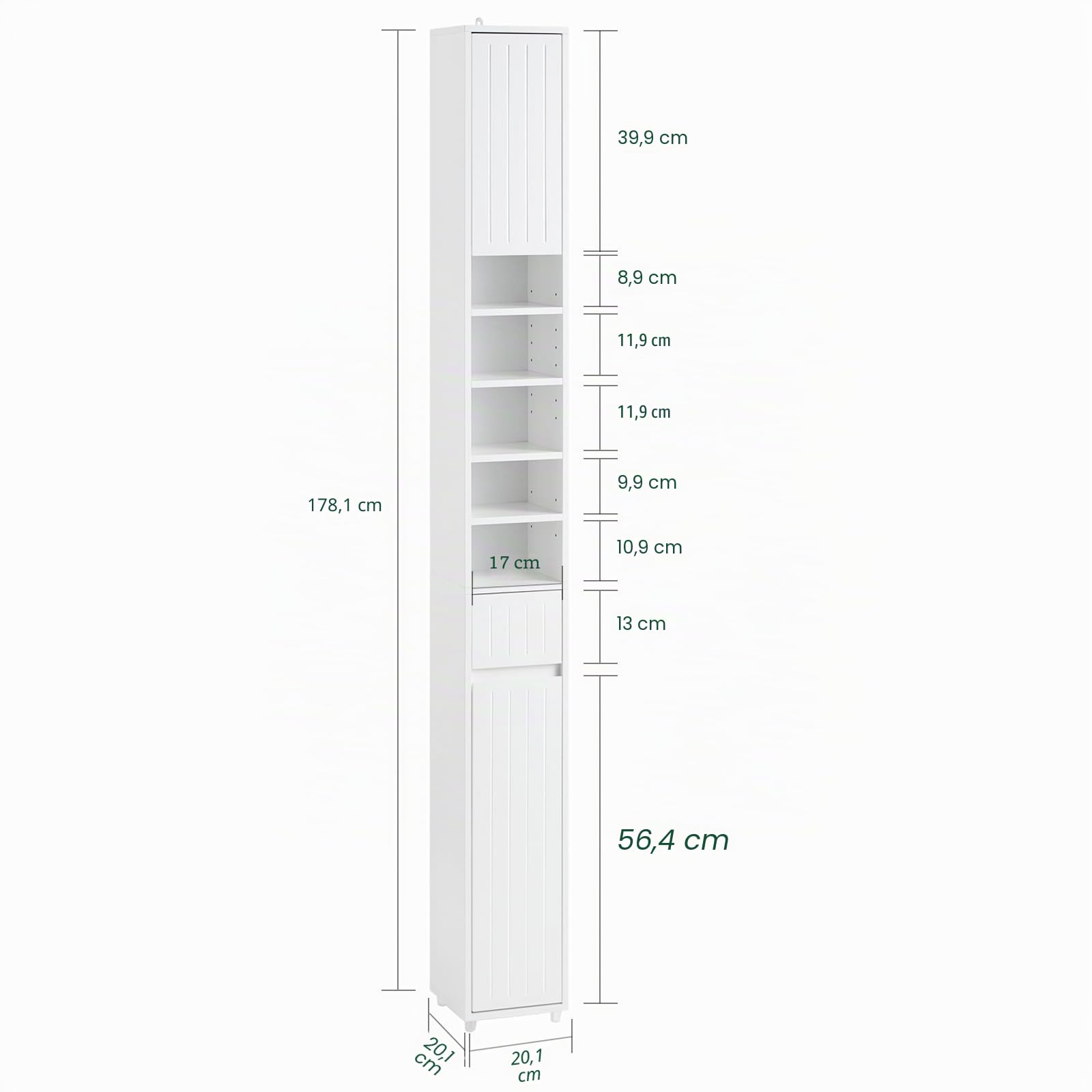 SoBuy Mueble Baño Alto Armario Baño Estrecho 20x180x20 cm Blanco | Mueble Baño Auxiliar, Armario Columna Baño con Puertas, Cajón y Estantes, Mueble Almacenaje Estrecho, BZR160-W