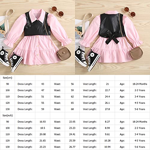 Wallarenear 2Pcs Toddler Baby Girl Lapel Button Down Ruffle Shirt Dress + Pu Waistcoat Crop Tops Spring Autumn Clothes Set (Pink Black, 18-24 Months) #TOP6