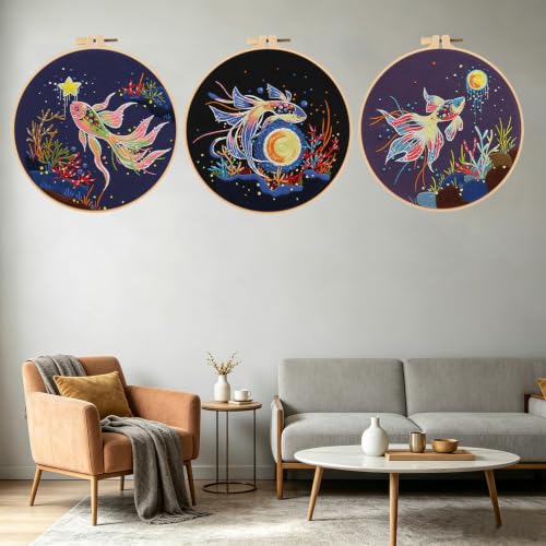 Image of Konrisa Stamped Embroidery Kit for Adults, 3 Set Elegant Goldfish DIY Sewing Needlepoint Cross Stitch Kit with Embroidery Floss,Hoops,Color Thread,Needle,1 pc Hoop