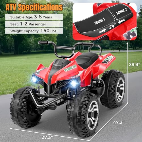 Image of Hikole XL 24V ATV, 4 Wheelers for Kids Ages 6-14, 2 Seater, Red | Iron Frame, 4X100 Power Motor, 24'' Spacious Seat, Spring Suspension, Music & LED Lights