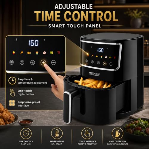 Image of SHEFFIELD CLASSIC 4.1L Air Fryer, 1400W Digital with 8 Presets for Easy Cooking - Fry, Grill, Roast, Bake, Uses 90% Less Oil, Family Size, One-Touch, 360 Circulation, Black - Best for Gifting