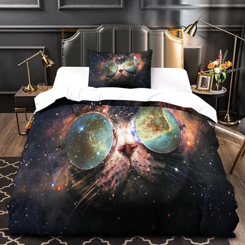 Housse de couette chat 3D imprimé ciel étoilé avec fermeture éclair microfibre lit simple 135x200 - 4