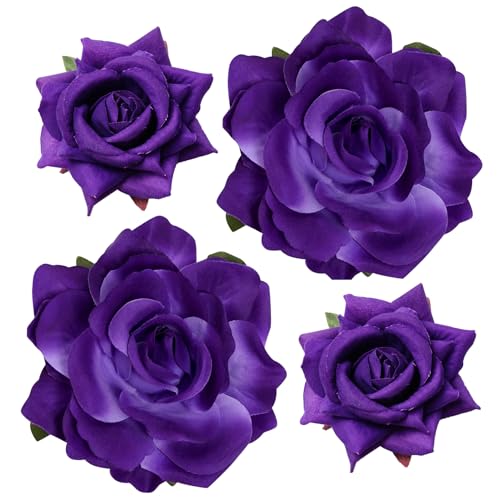 Topbuti Rose Hair Clip Flower Hairpin Brooch Floral Clips, 4 Pcs Fabric Rose Flowers Hair Clips Mexican Hair Flowers Pin up Headpieces for Woman Girl Wedding Party Mother's Day (Dark Purple)