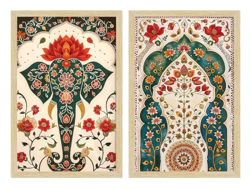 Image of ArtX Paper Madhubani Art Paintings with Frame for Home Decor, Floral Wall Painting for Living Room, Multicolor, Natural Wood Color Frames, Set of 2