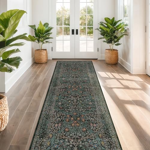 Dark Green 3x10 ft Extra Long Wide Runner Rug for Hallway Non Slip Washable, Large Kitchen Indoor Floor Rugs for Entryway Bathroom Bedroom, Stain Resistant Vintage Floral Carpet
